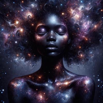 The primary subject of the image is a woman with a beautiful afro hairstyle. She is the main focus of the image, and her features are prominently displayed. The setting is a night sky filled with stars, creating a serene and celestial backdrop. The visual style of the image is a digital art or illustration, showcasing the woman's features and the starry night sky. The colors and mood of the image are predominantly dark and moody, with the woman's features and